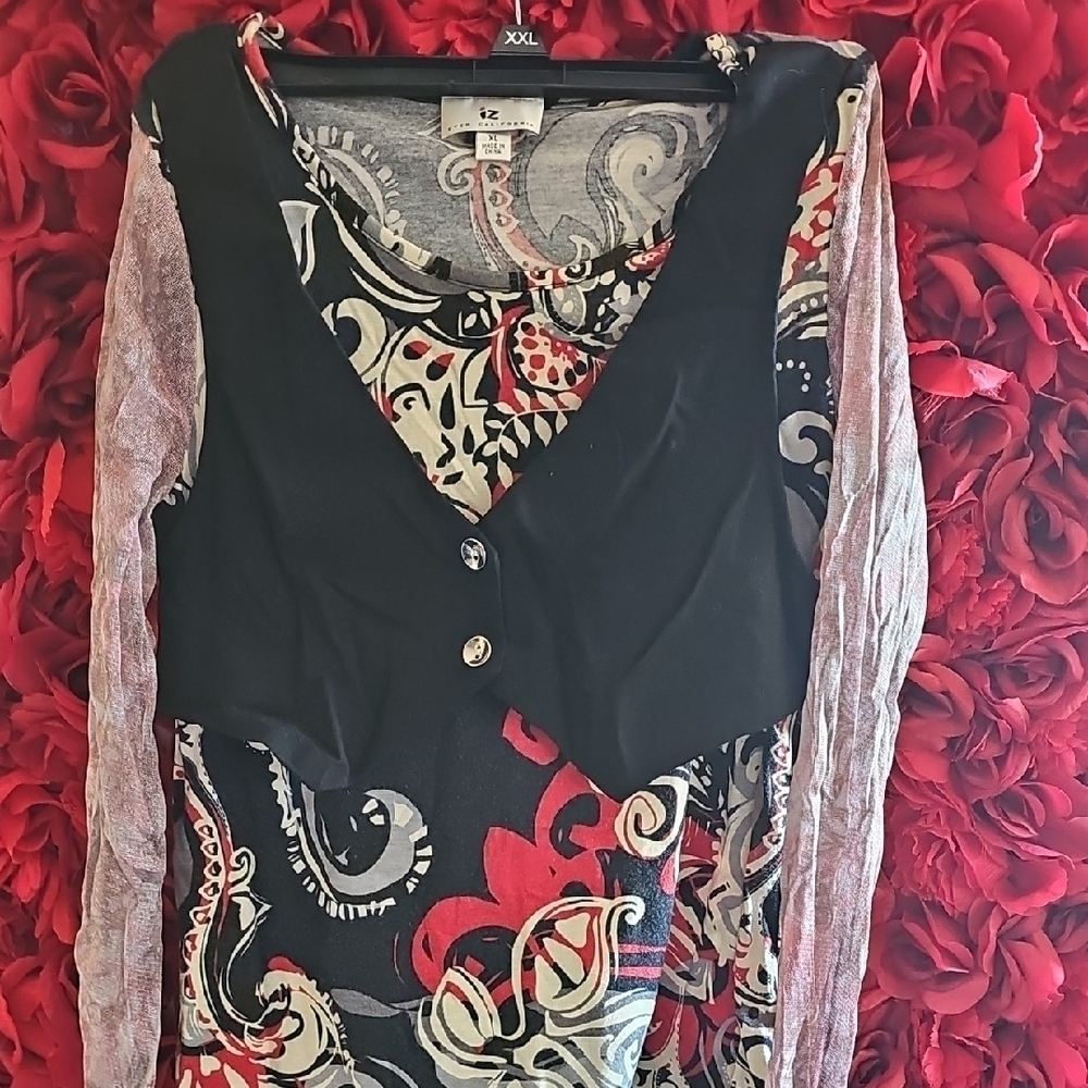 IZ Byer Girls Multicolor Patterned Top With Built In Vest And Sheer Size XLarge